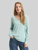 TOM TAILOR Damen Strickpullover mit V-Ausschnitt, blau, Uni – Bild 4