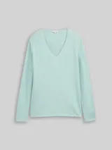TOM TAILOR Damen Strickpullover mit V-Ausschnitt, blau, Uni – Bild 3