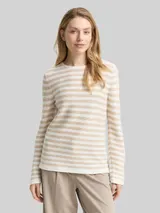 TOM TAILOR Damen Strickpullover aus Baumwolle, beige, Gestreift – Bild 4