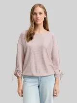 TOM TAILOR DENIM Damen Loose Fit Langarmshirt mit Raffärmeln, rosa, Gestreift – Bild 4