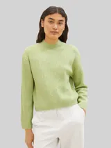 TOM TAILOR DENIM Damen Gerippter Pullover mit recyceltem Polyester, grün, Meliert – Bild 4