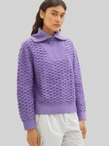 TOM TAILOR DENIM Damen Troyer Pullover mit recyceltem Polyester, lila, Uni – Bild 4