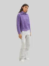 TOM TAILOR DENIM Damen Troyer Pullover mit recyceltem Polyester, lila, Uni – Bild 6