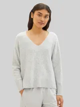 TOM TAILOR DENIM Damen Strickpullover mit V-Ausschnitt, grau, Meliert – Bild 4
