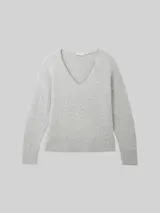 TOM TAILOR DENIM Damen Strickpullover mit V-Ausschnitt, grau, Meliert – Bild 3