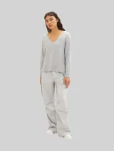 TOM TAILOR DENIM Damen Strickpullover mit V-Ausschnitt, grau, Meliert – Bild 6