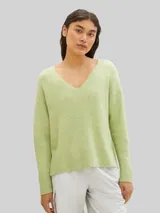 TOM TAILOR DENIM Damen Strickpullover mit V-Ausschnitt, grün, Meliert – Bild 4