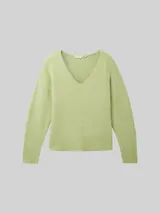TOM TAILOR DENIM Damen Strickpullover mit V-Ausschnitt, grün, Meliert – Bild 3