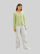 TOM TAILOR DENIM Damen Strickpullover mit V-Ausschnitt, grün, Meliert – Bild 6