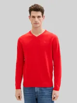TOM TAILOR Herren Strickpullover mit V-Ausschnitt aus Baumwolle, rot, Uni – Bild 4