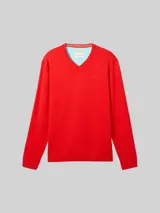 TOM TAILOR Herren Strickpullover mit V-Ausschnitt aus Baumwolle, rot, Uni – Bild 3