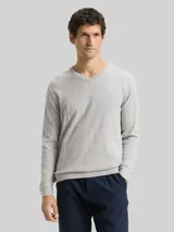 TOM TAILOR Herren Strickpullover mit V-Ausschnitt aus Baumwolle, grau, Meliert – Bild 4