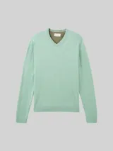 TOM TAILOR Herren Strickpullover mit V-Ausschnitt aus Baumwolle, grün, Uni – Bild 3
