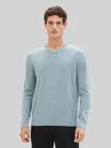 TOM TAILOR Herren Strickpullover mit V-Ausschnitt aus Baumwolle, blau, Uni – Bild 4