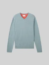 TOM TAILOR Herren Strickpullover mit V-Ausschnitt aus Baumwolle, blau, Uni – Bild 3