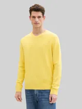 TOM TAILOR Herren Strickpullover mit V-Ausschnitt aus Baumwolle, gelb, Uni – Bild 4