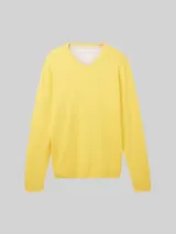 TOM TAILOR Herren Strickpullover mit V-Ausschnitt aus Baumwolle, gelb, Uni – Bild 3
