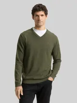 TOM TAILOR Herren Strickpullover mit V-Ausschnitt aus Baumwolle, grün, Meliert – Bild 4