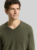 TOM TAILOR Herren Strickpullover mit V-Ausschnitt aus Baumwolle, grün, Meliert – Bild 6