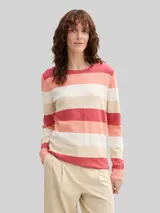 TOM TAILOR Damen Strickpullover mit Rundhalsausschnitt, rot, Gestreift – Bild 4
