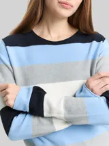 TOM TAILOR Damen Strickpullover mit Rundhalsausschnitt, blau, Gestreift – Bild 6