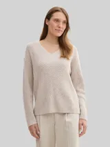 TOM TAILOR Damen Strickpullover mit V-Ausschnitt, weiß, Uni – Bild 4