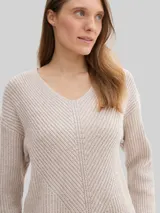 TOM TAILOR Damen Strickpullover mit V-Ausschnitt, weiß, Uni – Bild 6