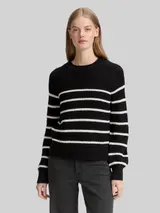 TOM TAILOR DENIM Damen Strickpullover mit leichten Ballonärmeln, schwarz, Gestreift – Bild 4