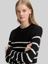 TOM TAILOR DENIM Damen Strickpullover mit leichten Ballonärmeln, schwarz, Gestreift – Bild 6