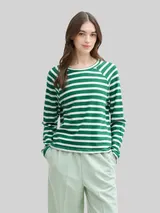 TOM TAILOR DENIM Damen Boxy Fit Langarmshirt mit Knopf-Details, grün, Gestreift – Bild 4