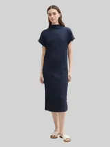 TOM TAILOR DENIM Damen Midi-Kleid mit Stehkragen, blau, Uni – Bild 4