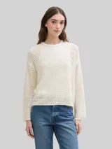 TOM TAILOR DENIM Damen Pullover mit Lochmuster, weiß, Uni – Bild 4