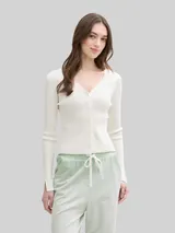 TOM TAILOR DENIM Damen Ripp Cardigan mit Ärmelschlitzen, weiß, Uni – Bild 4
