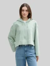 TOM TAILOR DENIM Damen Oversize Hoodie Sweatjacke mit Print, grün, Uni – Bild 4