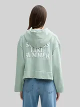 TOM TAILOR DENIM Damen Oversize Hoodie Sweatjacke mit Print, grün, Uni – Bild 5