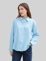 TOM TAILOR DENIM Damen Loose Fit Seersucker Hemdbluse mit Streifenmuster, blau, Gestreift – Bild 4