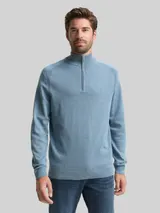 TOM TAILOR Herren Troyer Strickpullover mit Logo-Stickerei, blau, Meliert – Bild 4