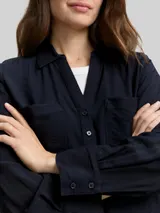 TOM TAILOR Damen Crinkle Bluse mit Brusttaschen, blau, Uni – Bild 6
