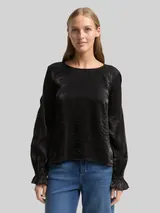 TOM TAILOR DENIM Damen Loose Fit Bluse in Satin-Optik, schwarz, Uni – Bild 4
