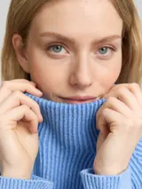 TOM TAILOR Damen Loose Fit Strickpullover mit Stehkragen, blau, Uni – Bild 6