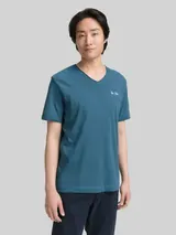 TOM TAILOR Herren T-Shirt mit V-Ausschnitt, blau, Uni – Bild 4