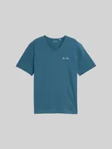 TOM TAILOR Herren T-Shirt mit V-Ausschnitt, blau, Uni – Bild 3