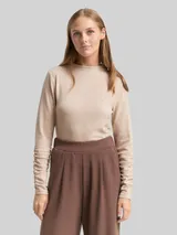 TOM TAILOR DENIM Damen Langarmshirt mit Raffärmeln, beige, Meliert – Bild 4