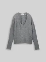 TOM TAILOR DENIM Damen Relaxed Fit Strickpullover mit V-Ausschnitt, grau, Meliert – Bild 3