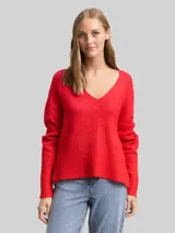 TOM TAILOR DENIM Damen Relaxed Fit Strickpullover mit V-Ausschnitt, rot, Uni – Bild 4
