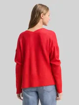 TOM TAILOR DENIM Damen Relaxed Fit Strickpullover mit V-Ausschnitt, rot, Uni – Bild 5