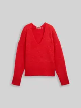 TOM TAILOR DENIM Damen Relaxed Fit Strickpullover mit V-Ausschnitt, rot, Uni – Bild 3