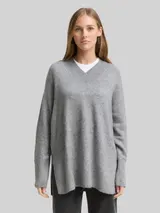TOM TAILOR DENIM Damen Longstyle Strickpullover mit V-Ausschnitt, grau, Meliert – Bild 4