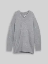 TOM TAILOR DENIM Damen Longstyle Strickpullover mit V-Ausschnitt, grau, Meliert – Bild 3