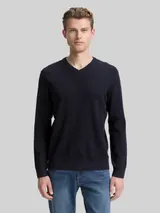 TOM TAILOR Herren Strickpullover mit V-Ausschnitt aus Bio-Baumwolle, blau, Meliert – Bild 4